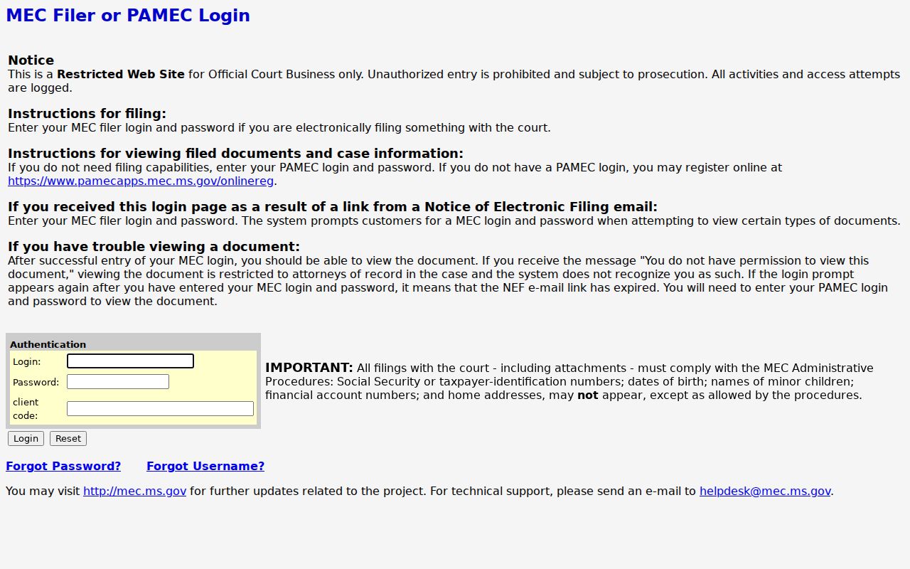 Pearl River County case search MEC login and redaction notice