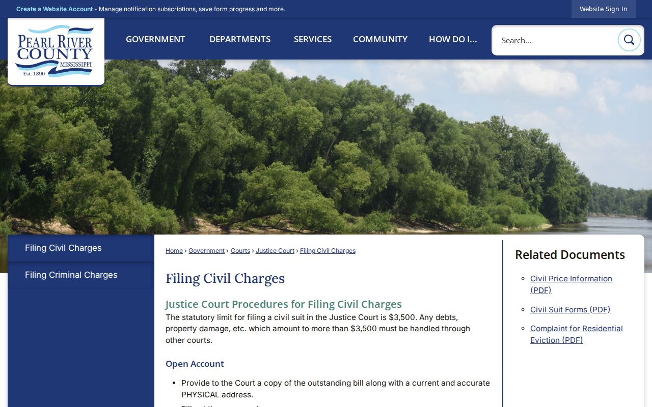 Pearl River County civil docket Justice Court filing instructions