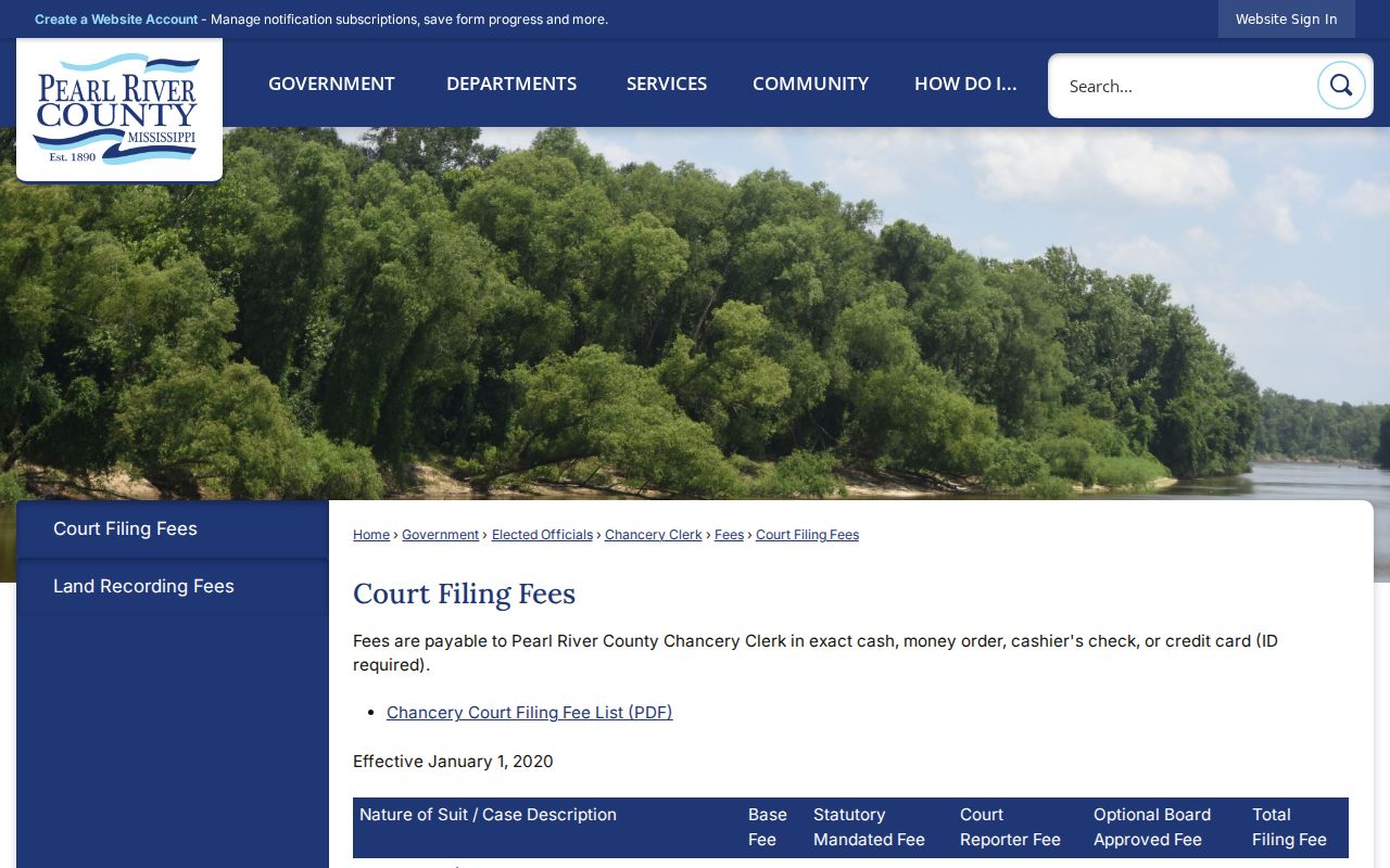 Pearl River County court records Chancery filing fees and payment information