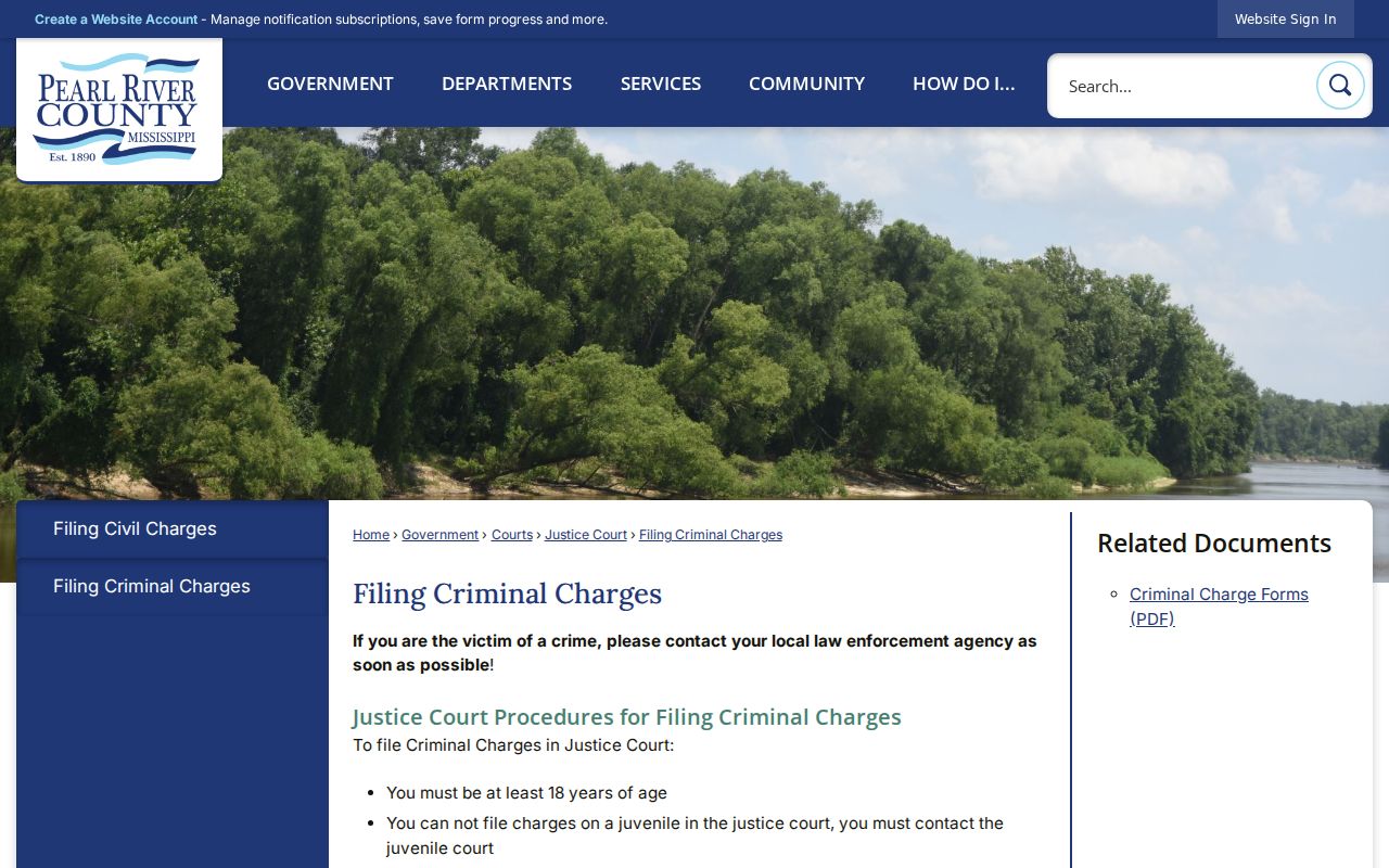 Pearl River County criminal docket Justice Court filing guidance