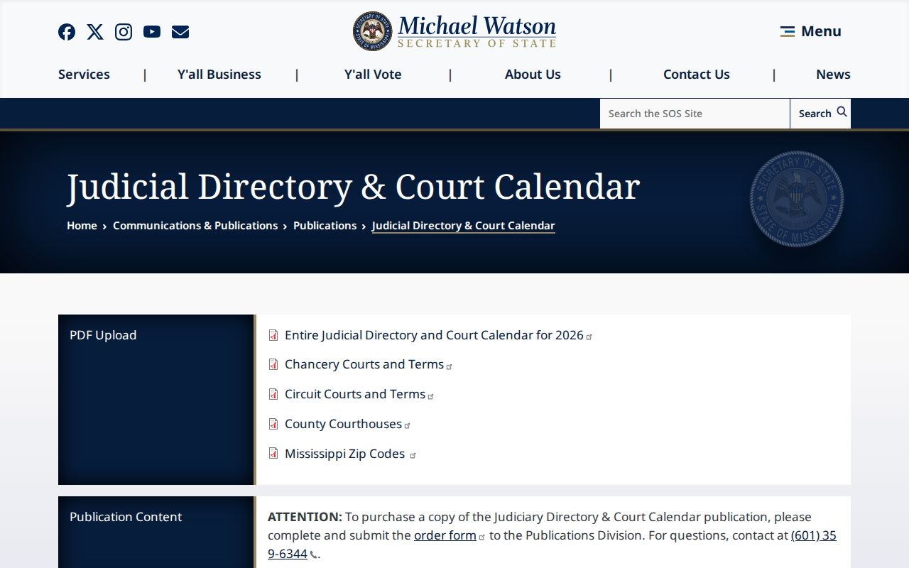 Picayune court docket access through the Mississippi judicial directory and calendar