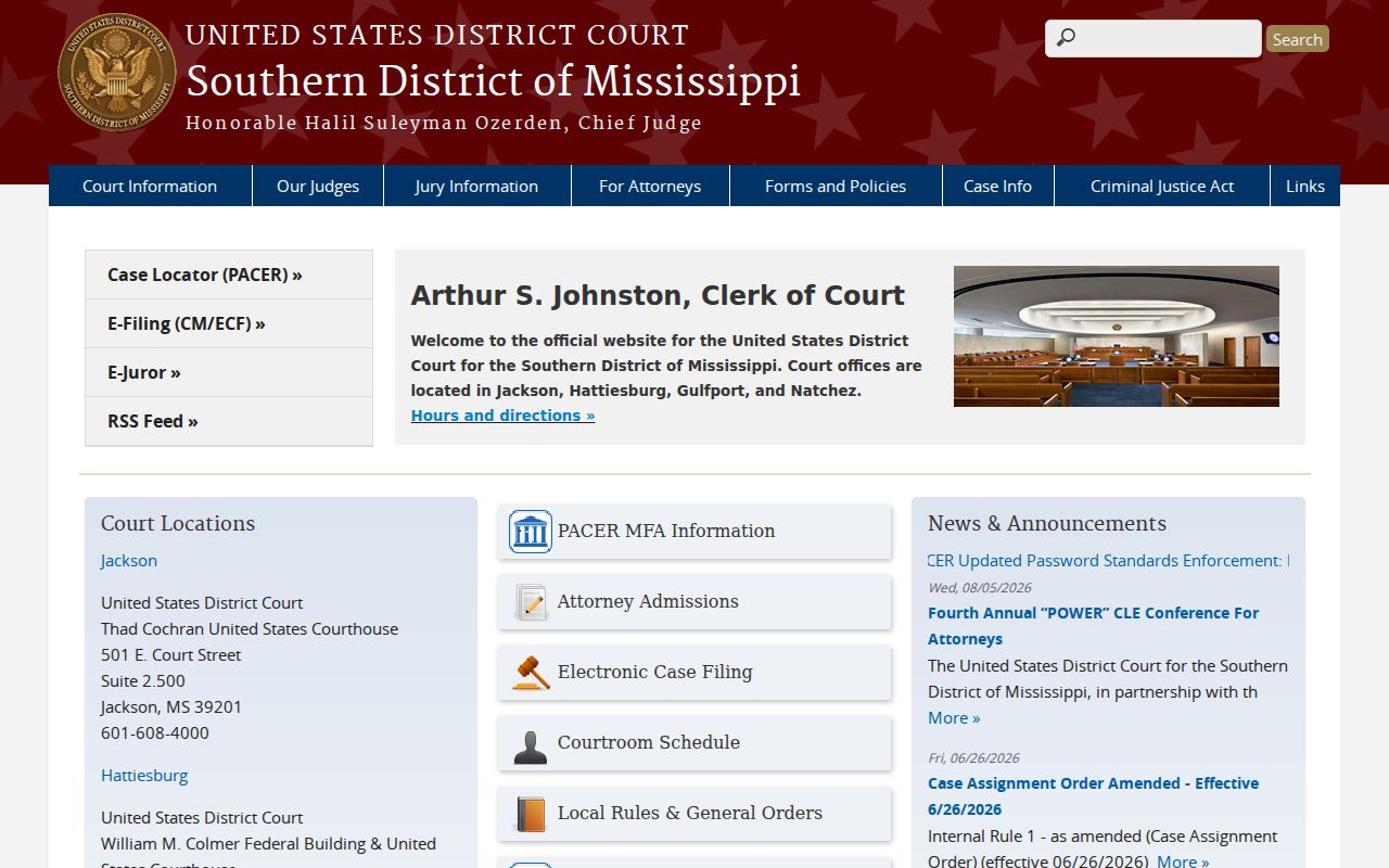 Poplarville court docket federal court access through Southern District of Mississippi